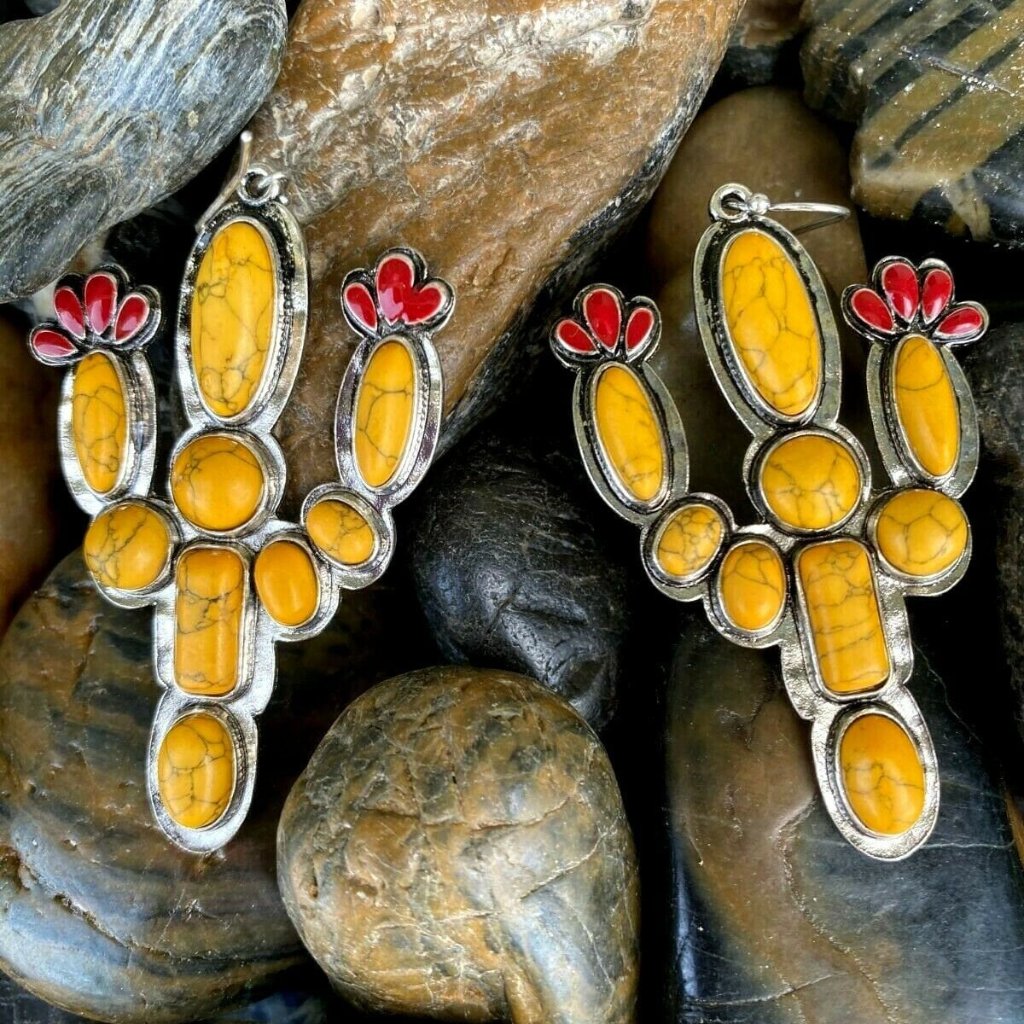Saguaro Cactus Yellow Red Flowers Silver Earrings Fall 27$